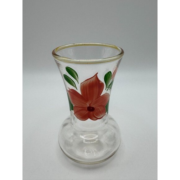 Vintage Bartlet Collins Clear Glass  Bud Vase Painted Flowers Gold Rim Pink 4" - Picture 1 of 5